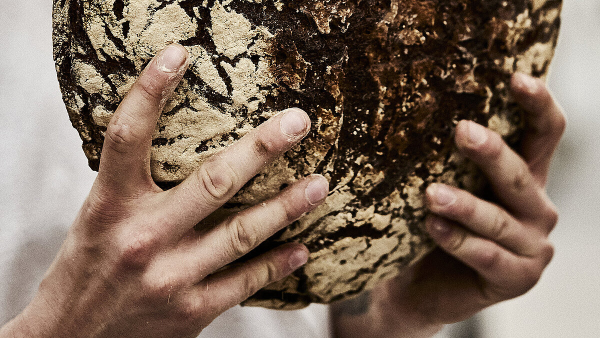 Bäcler hält ein großes, dunkles Brot in beiden Händen. Die Person ist seitlich angeschnitten.